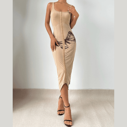 Square neck butterfly pattern tank midi dress  | Festival Outfits Women