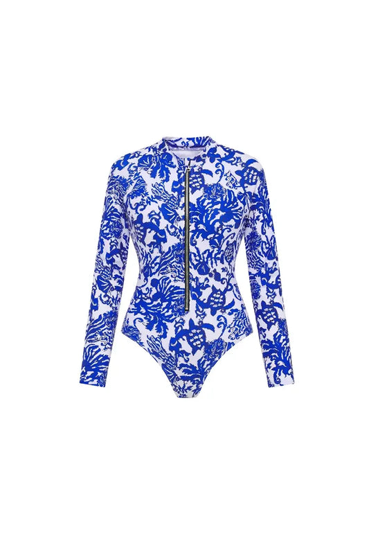 Traje de baño de surf de manga larga con cremallera y estampado azul