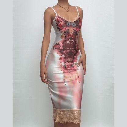 Lace hem flower print v neck cami midi dress  | Festival Outfits Women