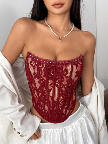 Flower Lace Herringbone Buckle Backless Tube Top Tank Tops