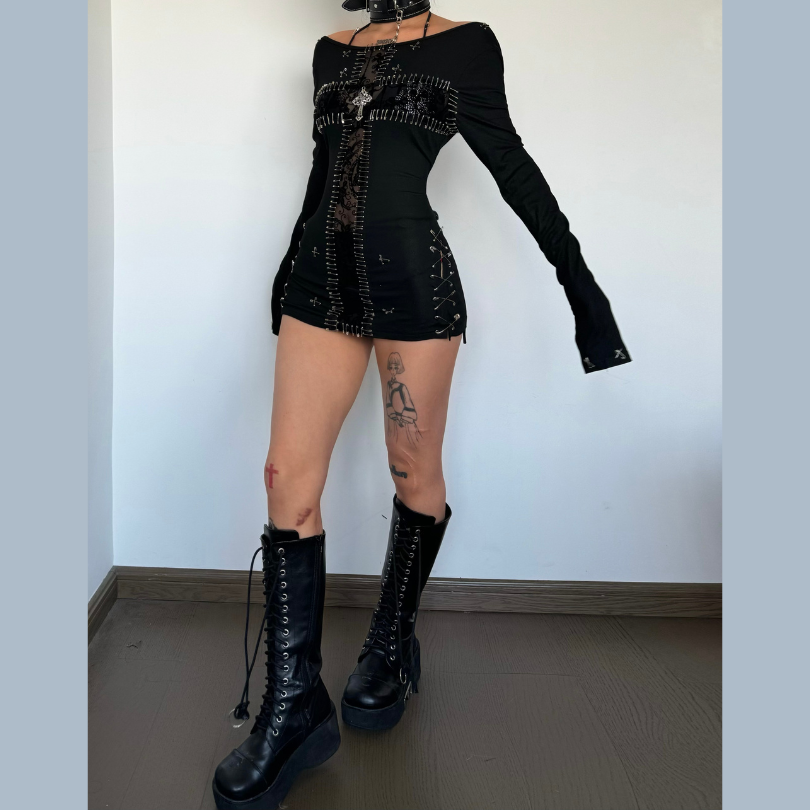 3 piece long sleeve halter cross applique top  | Festival Outfits Women