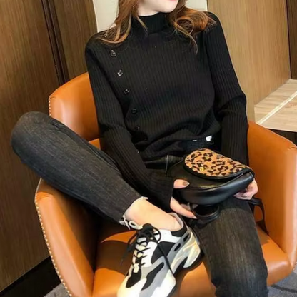 Elegante jersey de punto de cuello alto para mujer con botón y abertura | Ideal para otoño/invierno