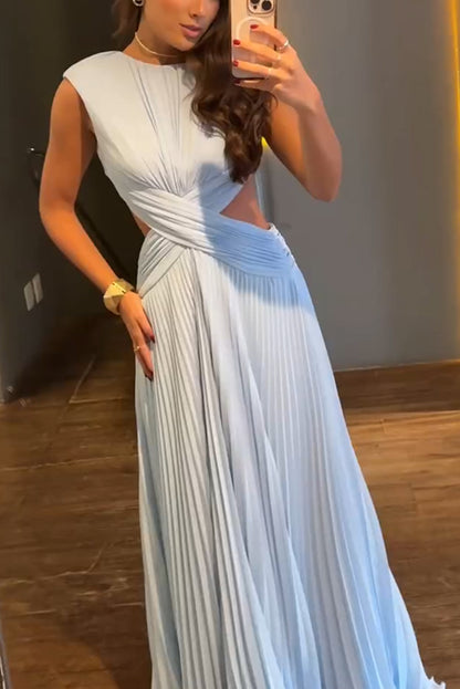 Tamia Pleated Chiffon Fabric Crossover Cutout Waist Open Back Maxi Dress