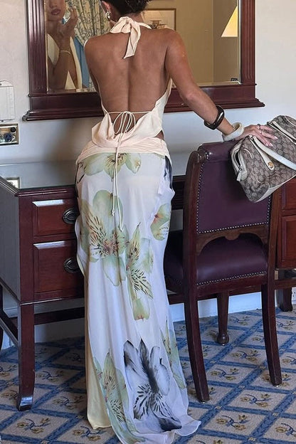 Sexy Backless Halter Top Slim Printed Maxi Skirt Set