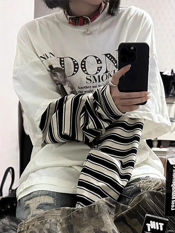Fake Two Piece Stripe Oversized Long Sleeves Tee