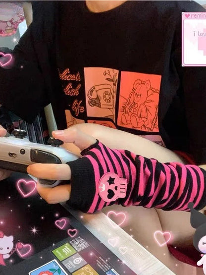 Gothic Punk Striped Fingerless Gloves