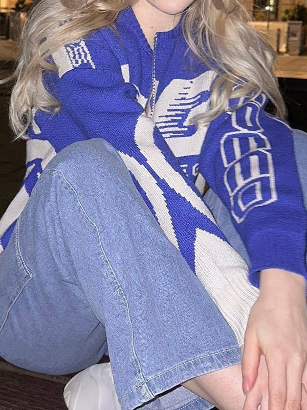 Vintage Graphic Zip Up Knit Cardigan