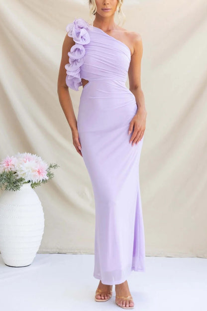 Fashionable Mesh Sleeveless One-shoulder Waist-revealing Maxi Dress