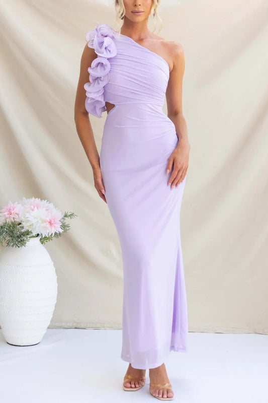 Fashionable Mesh Sleeveless One-shoulder Waist-revealing Maxi Dress