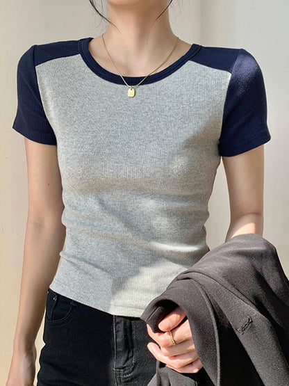 Contrast Color Stitching Crewneck Short Sleeve Knits