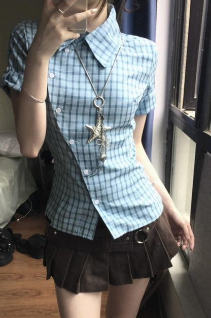 Vintage Blue Plaid Short Sleeve Blouse