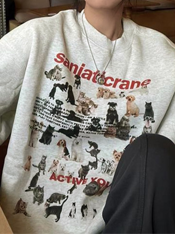Puppy Cat Print Loose Sweatshirt