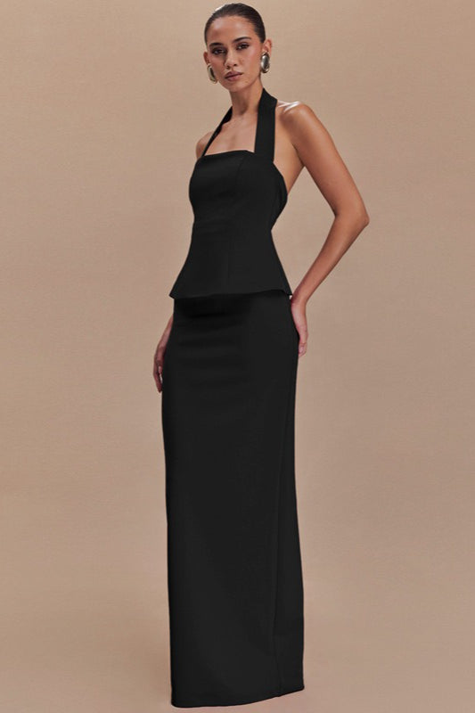 Solid Halter Backless Maxi Formal Dress