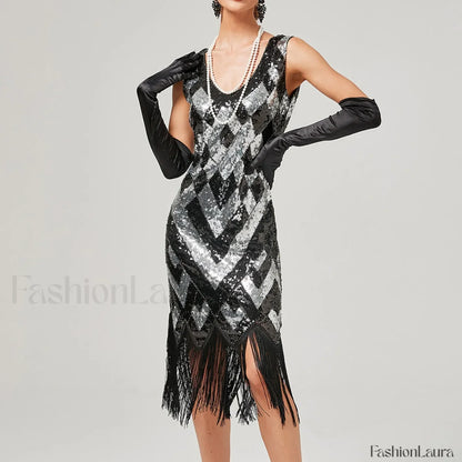 1920s Vintage Flapper Great Gatsby Party V-Neck Sleeveless Sequin Beaded Tassel Sun Vestidos Prom Dress