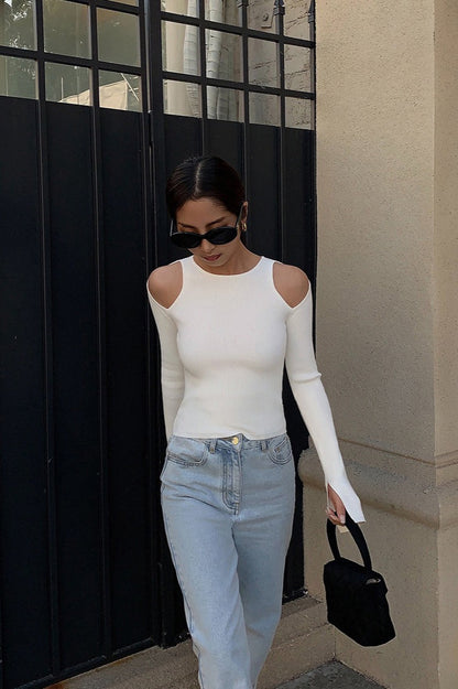 Retro Crew Neck Off-Shoulder Split-Cuff Slim Knit Top