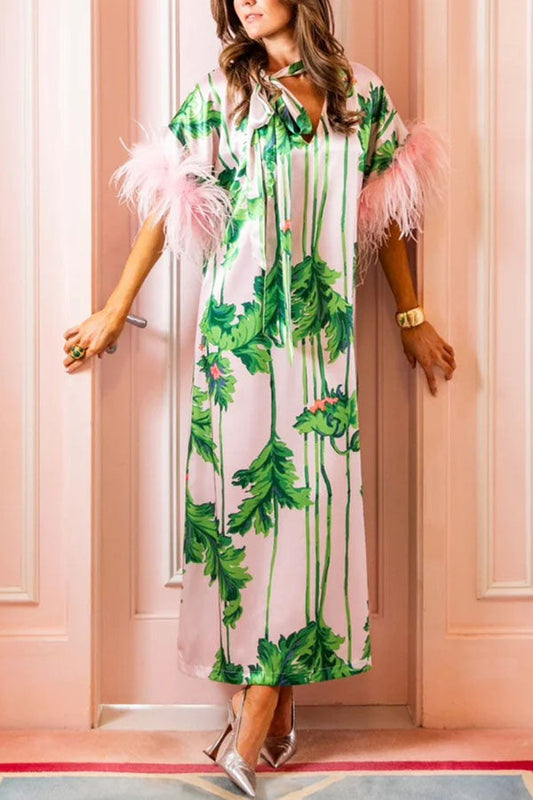 Darling Satin Botanical Print Tie-up Neck Half Sleeve Feather Trim Caftan Midi Dress