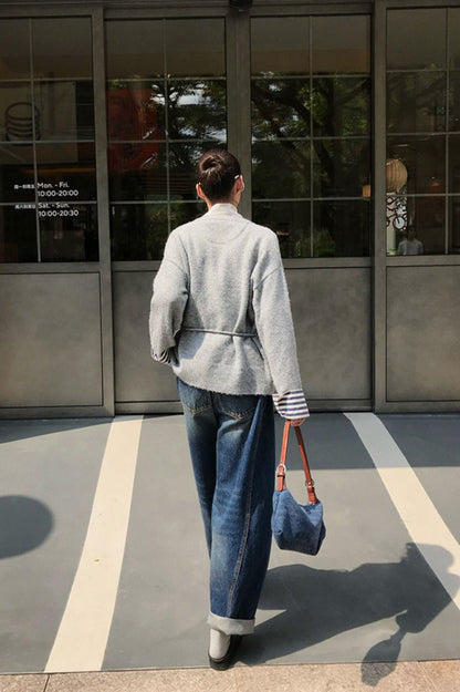 Color-Block Belted Lazy-Style Knit Cardigan