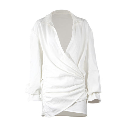 Long Sleeve White Shirt Sexy Deep V Plunge Plunge Women Clothing Popular Linen Dress