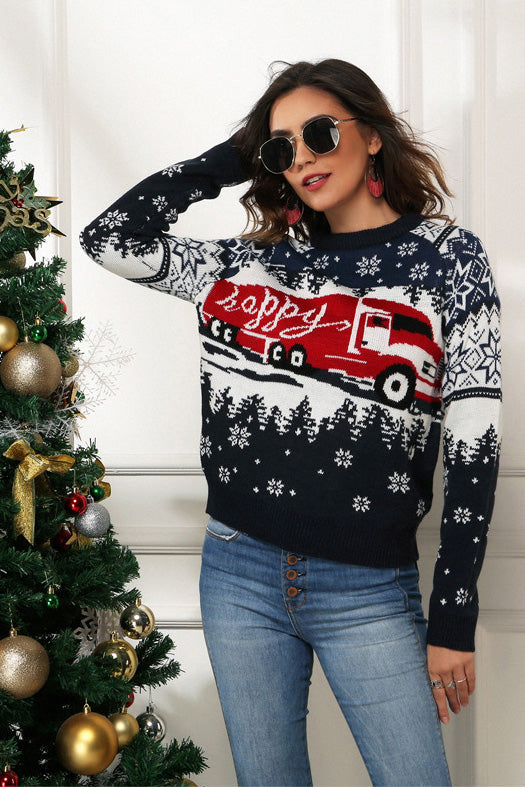 Suéter navideño con estampado de copos de nieve y camiones