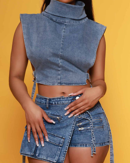 Stretch-Zip Multi-Pocket Denim Shorts