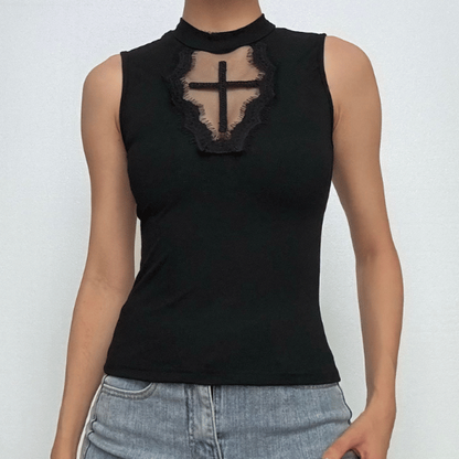 Sleeveless crewneck cross pattern solid top  | Festival Outfits Women
