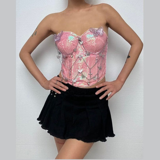Glitter metal chain butterfly applique tube top  | Festival Outfits Women