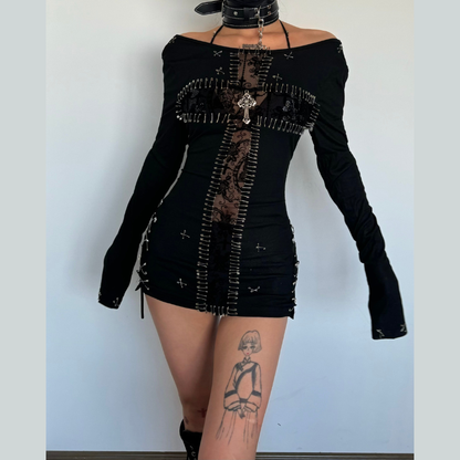 3 piece long sleeve halter cross applique top  | Festival Outfits Women