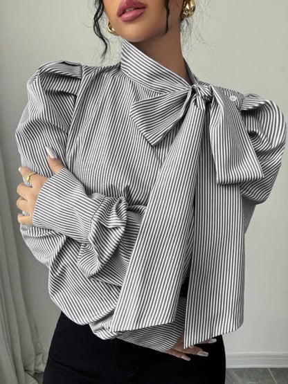Puff Sleeve Bow Ribbon Stripes Leisure Shirts