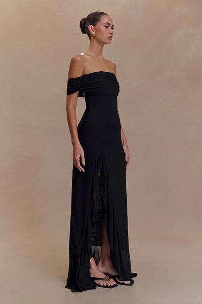 Off-Shoulder Ruffle Mesh Split Maxi Party Dress