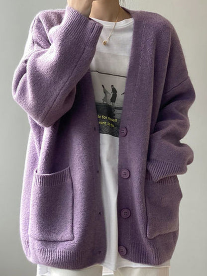 Solid V Neck Breasted Knit Cardigan