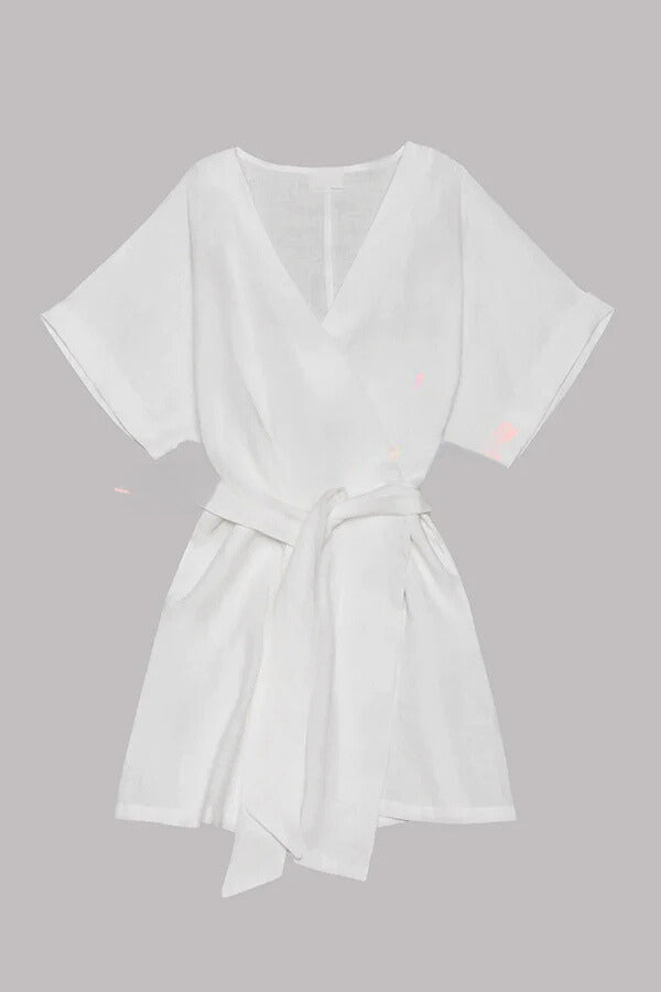 Cotton Linen Blend Pocketed Belt Kimono Mini Dress