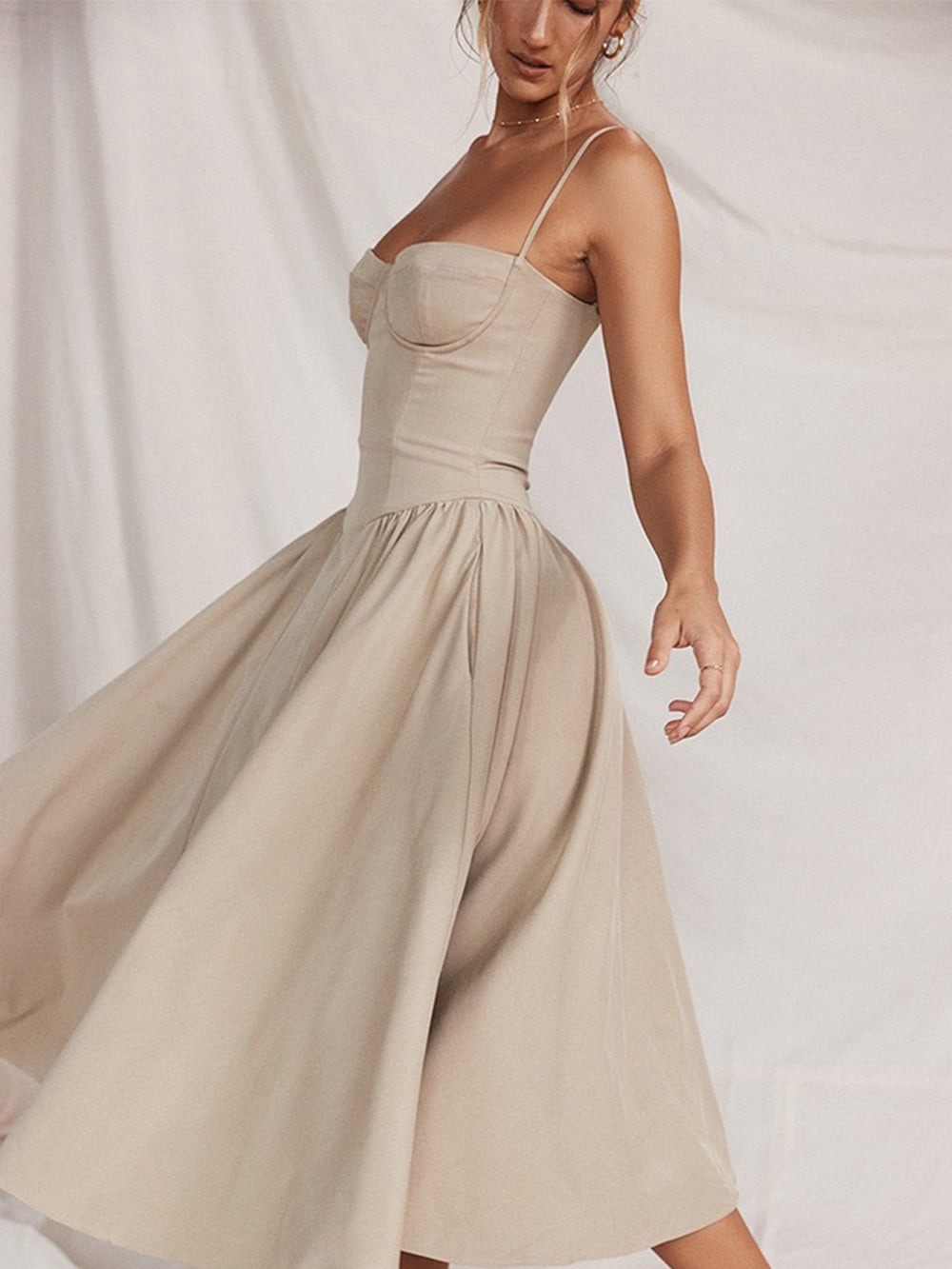 Beige-Sling Midi Dress