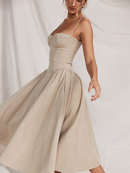 Beige-Sling Midi Dress