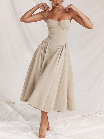 Beige-Sling Midi Dress
