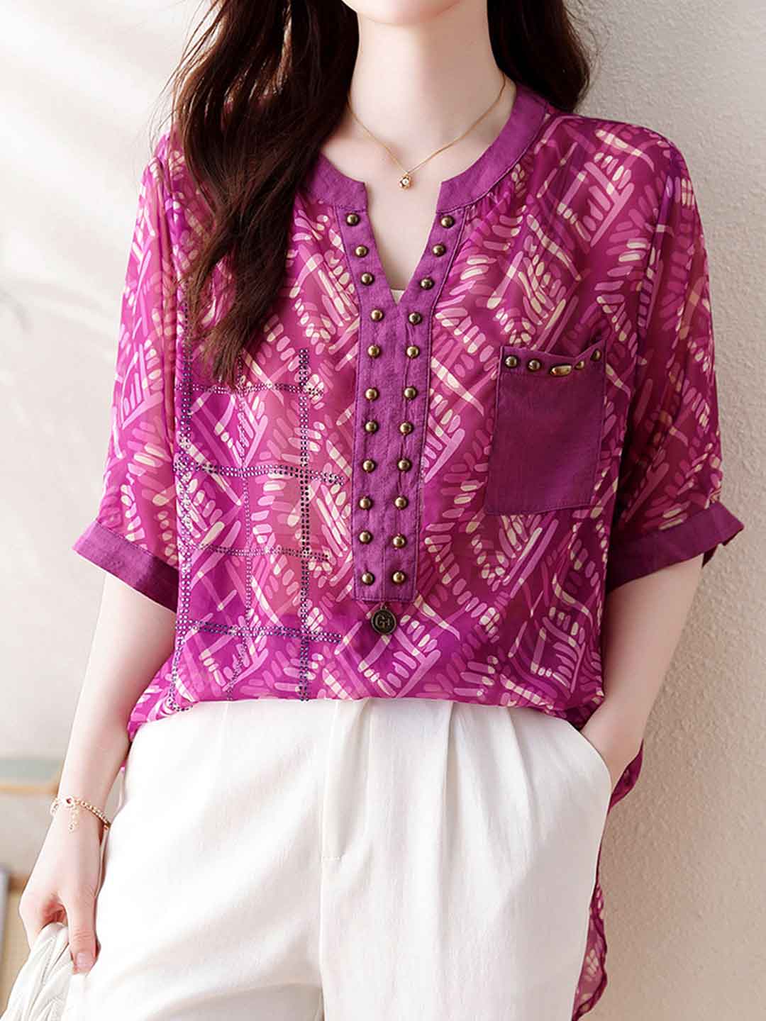 Kaitlyn Loose V-Neck Printed Chiffon Shirt