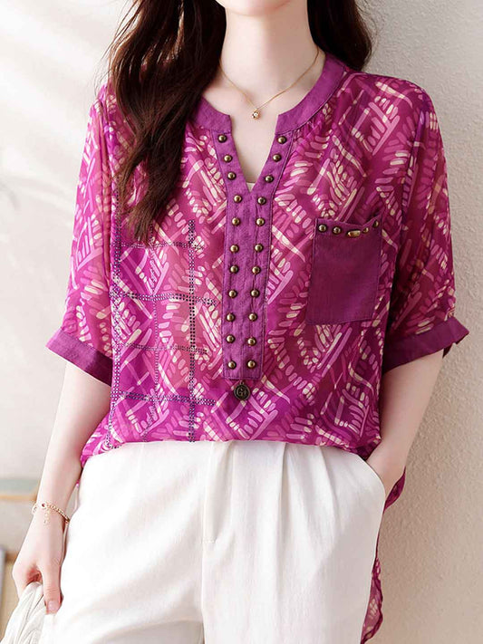 Kaitlyn Loose V-Neck Printed Chiffon Shirt