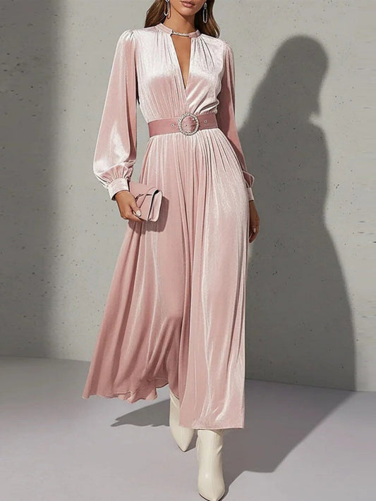 Waist Long Skirt Solid Color V-neck Velvet Long Sleeve Midi Dresses
