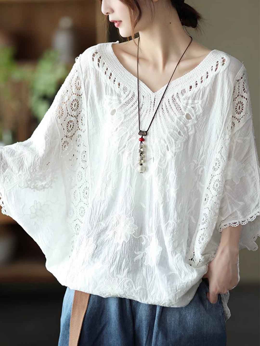 Maya Loose V-Neck Hollowed Crochet Top