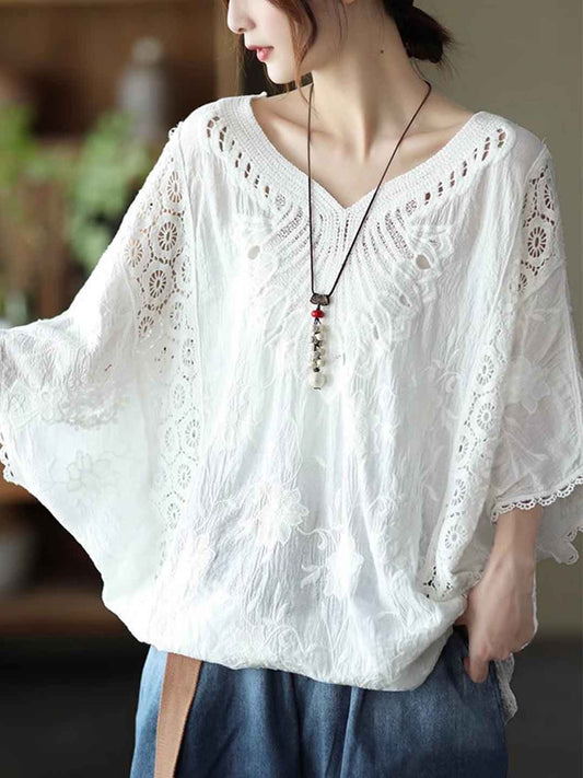 Maya Loose V-Neck Hollowed Crochet Top