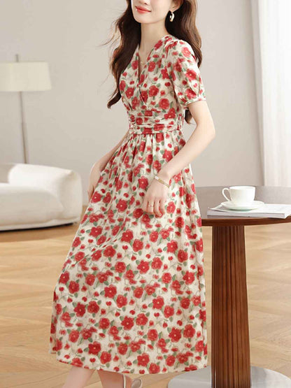 Payton Retro V-Neck Puff Sleeve Floral Printed Dress