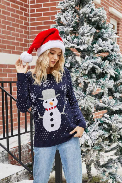 Suéter de punto con cuello redondo y diseño de muñeco de nieve navideño 