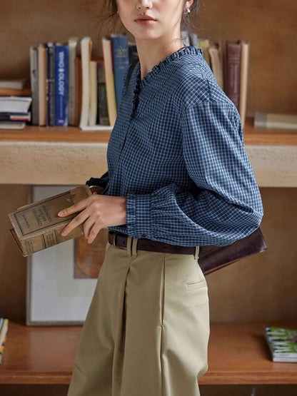 Madison Vintage V-Neck Ruffle Plaid Shirt