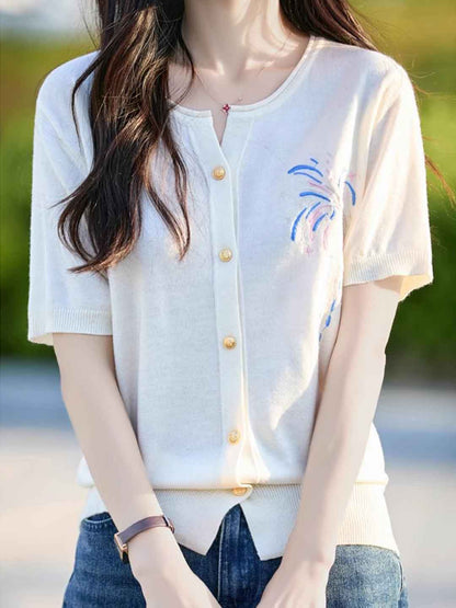 Kylie Loose Crew Neck Embroidered Knitted Cardigan