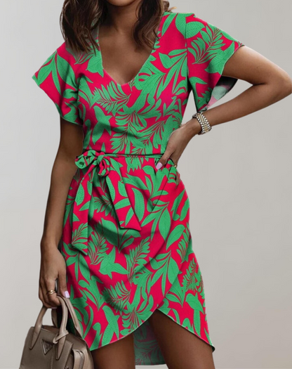 Vestido clásico de verano para mujer con escote en V, estampado vegetal y cinturón | Ideal para primavera/verano