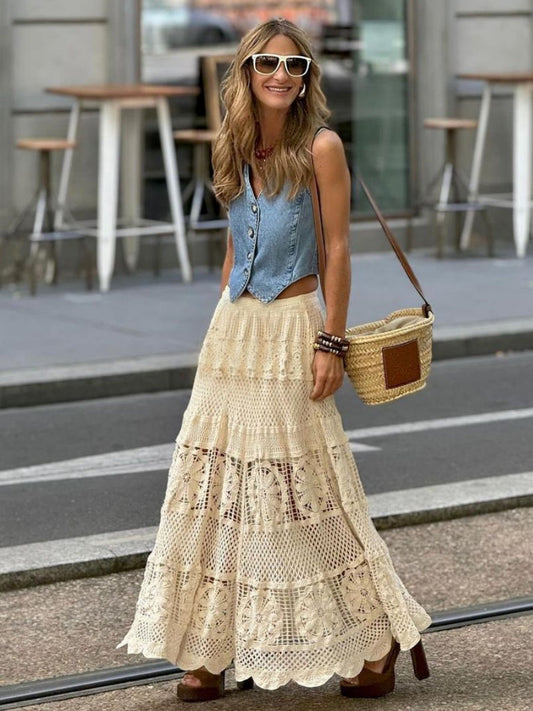 Lace Trim Hollow Geometric Patterns Skirts