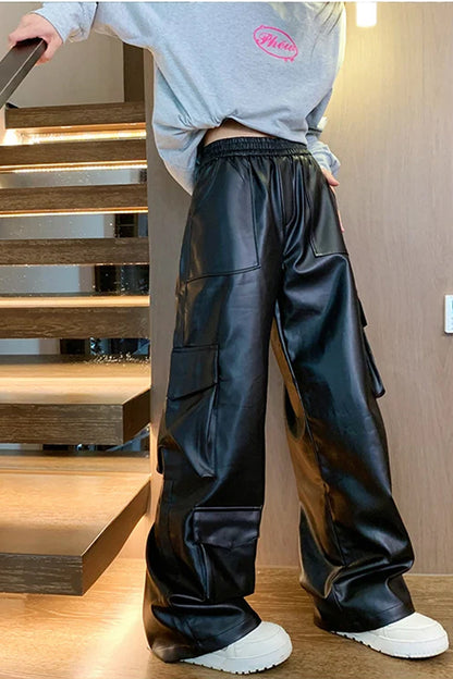 Elastic Waist Loose Cargo Multi Pockets Leather Pants