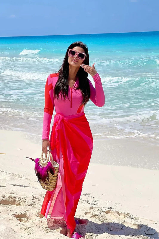 Conjunto de traje de baño de surf de manga larga con bloques de color