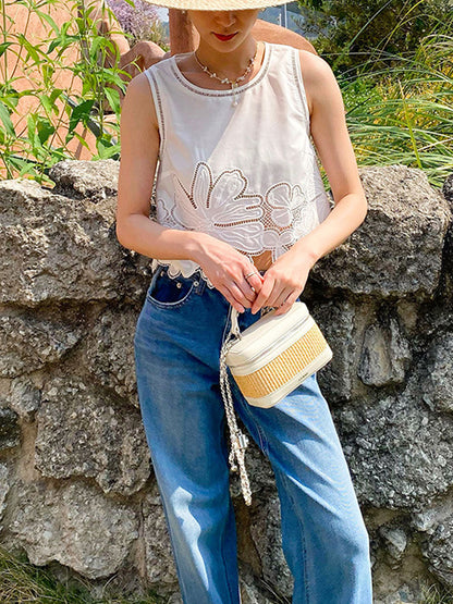 Maya Retro Crew Neck Hollowed Embroidered Vest