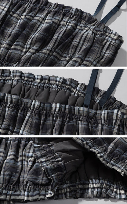 Plaid Strapless Crop Top with Ruched Elastic Detail