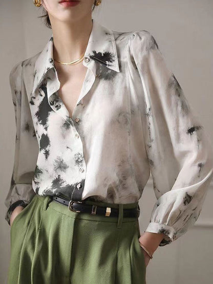 Jessica Retro Polo Collar Puff Sleeve Printed Shirt